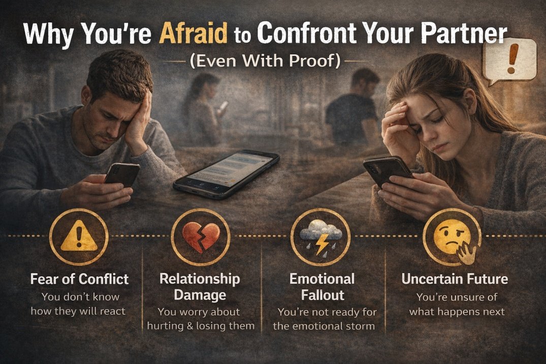 Infographic showing reasons why people are afraid to confront a cheating partner even after finding proof