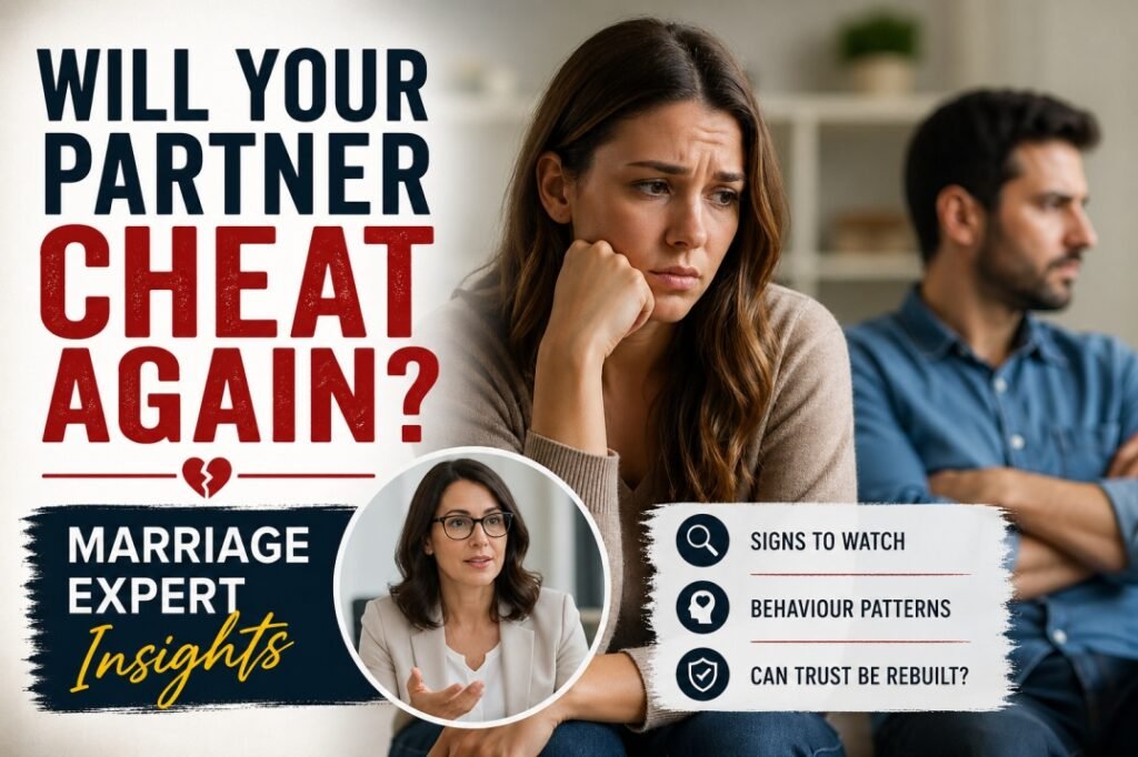 Man and woman sitting apart after cheating, showing emotional stress and doubt about whether a partner will cheat again, marriage expert insights concept