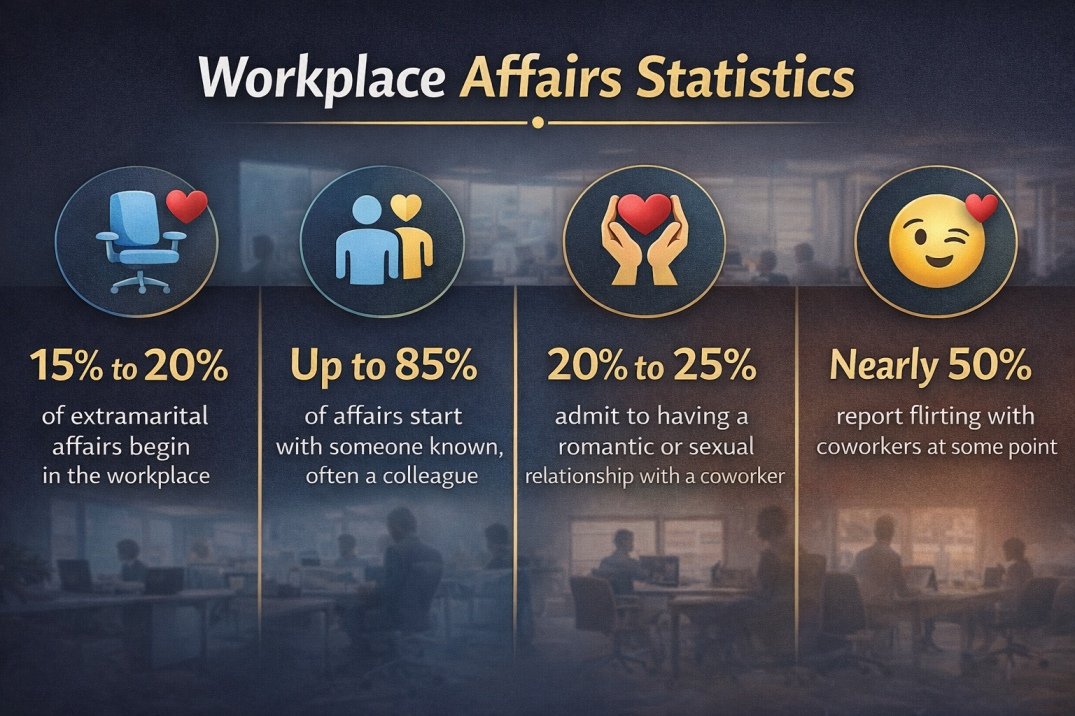 Infographic showing statistics of workplace affairs and coworker relationships including cheating and flirting data