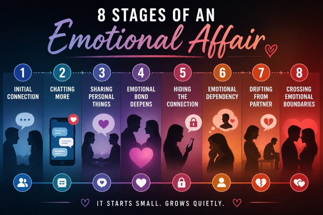 8 stages of an emotional affair infographic showing progression from connection to emotional dependency and boundary crossing