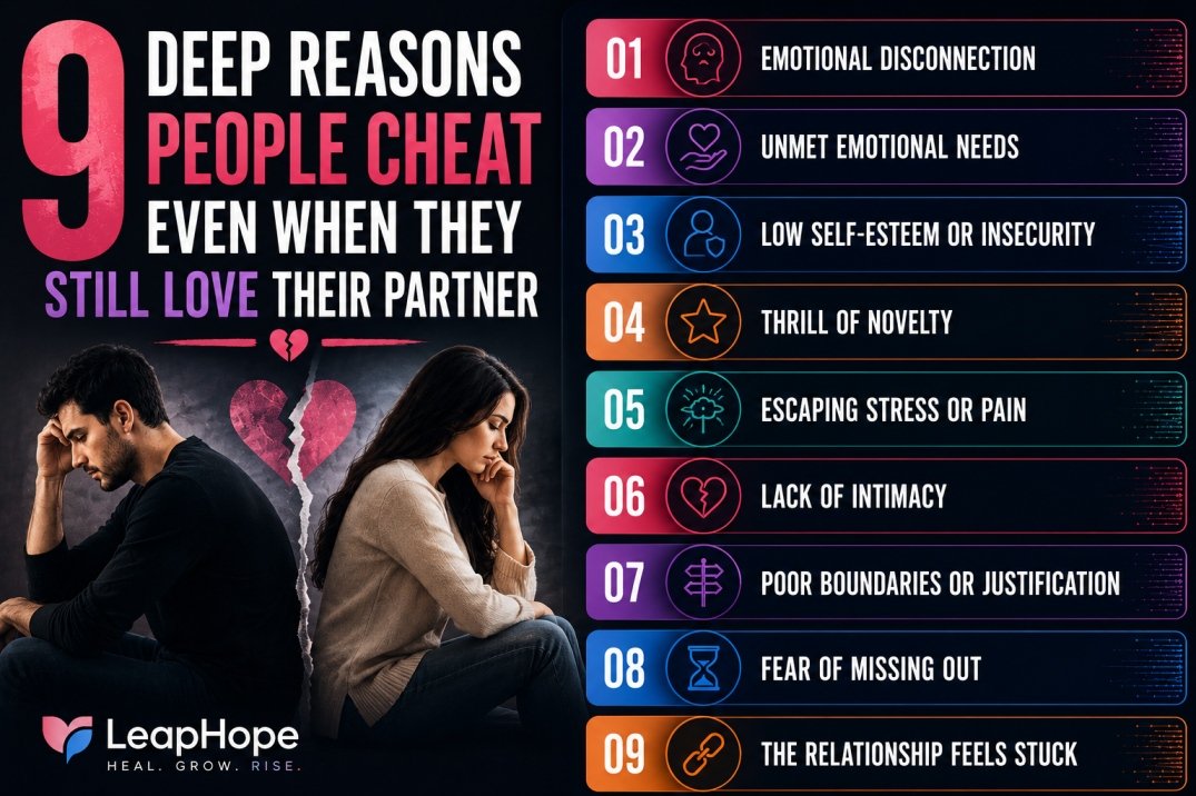 infographic about 9 psychological reasons people cheat even when they still love their partner