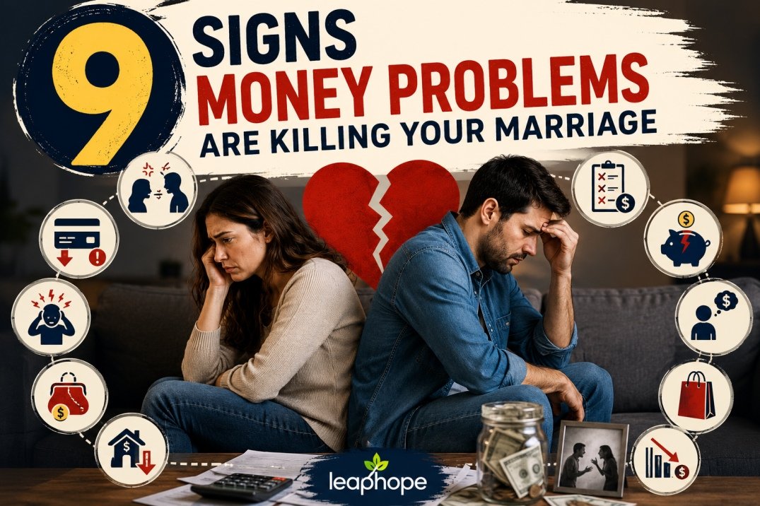 Infographic showing warning signs financial stress is damaging a marriage, including money fights, debt stress, resentment, and emotional distance with LeapHope branding