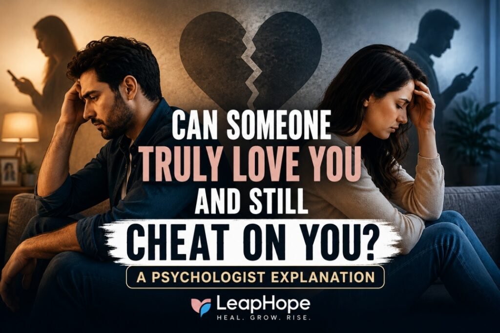 Sad husband and wife sitting apart after infidelity with text “Can Someone Truly Love You and Still Cheat on You?” by LeapHope