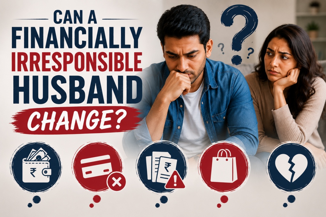 Thought-provoking illustration of a husband reflecting on his financial habits while his wife looks concerned, representing the possibility of change, accountability, trust rebuilding, and financial responsibility in marriage.