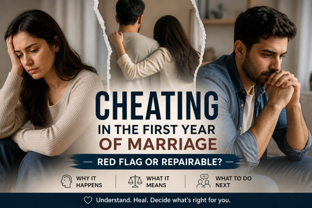 Man and woman sitting apart feeling distressed after infidelity in early marriage, representing trust issues and emotional conflict