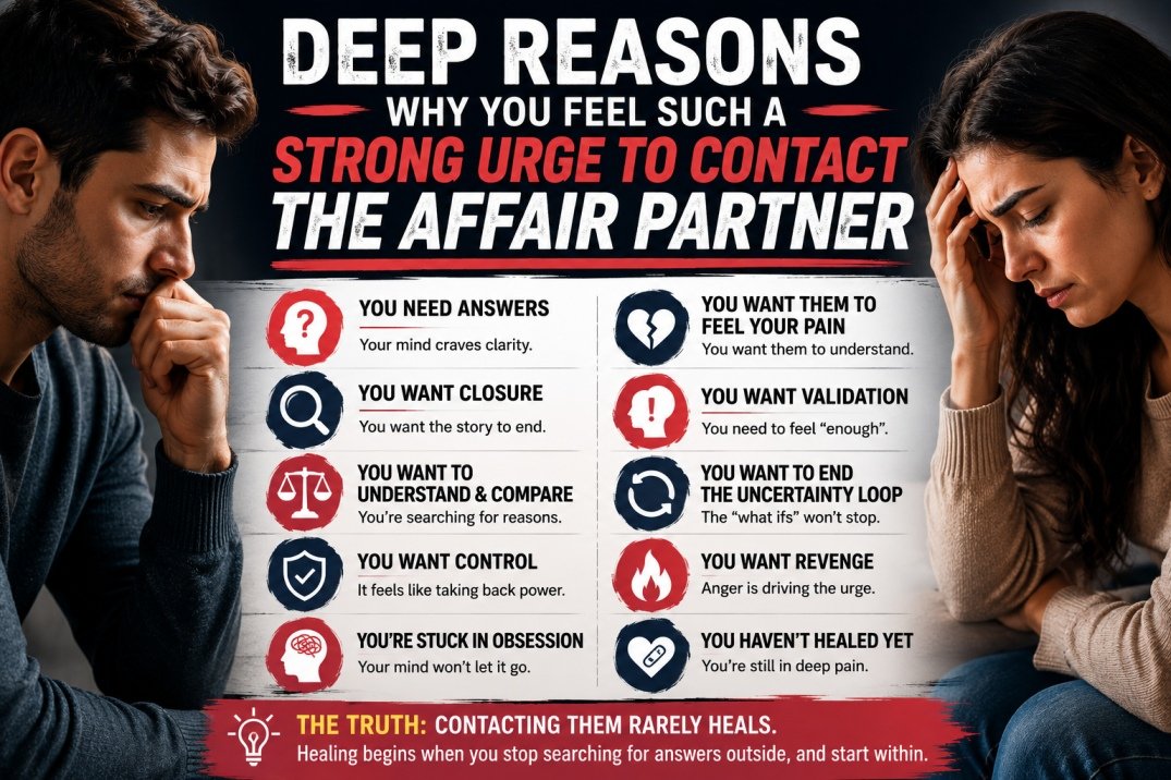 Psychological infographic showing emotional reasons people want to contact the person their partner cheated with after infidelity.