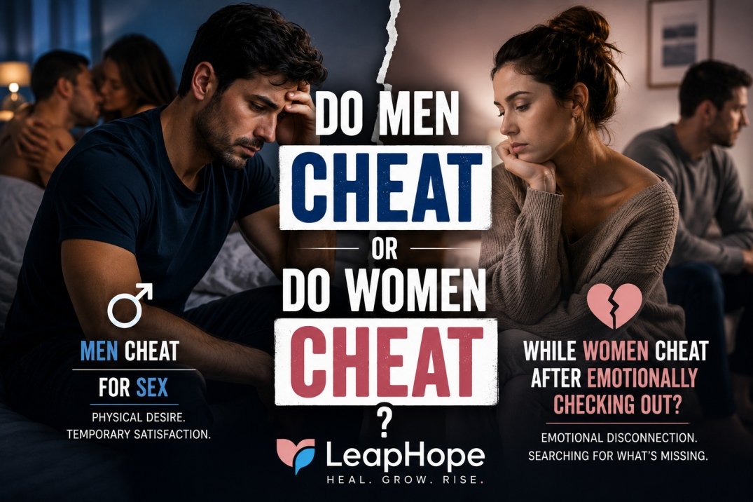 Man and woman emotionally distant while discussing whether men cheat for sex and women cheat after emotionally checking out