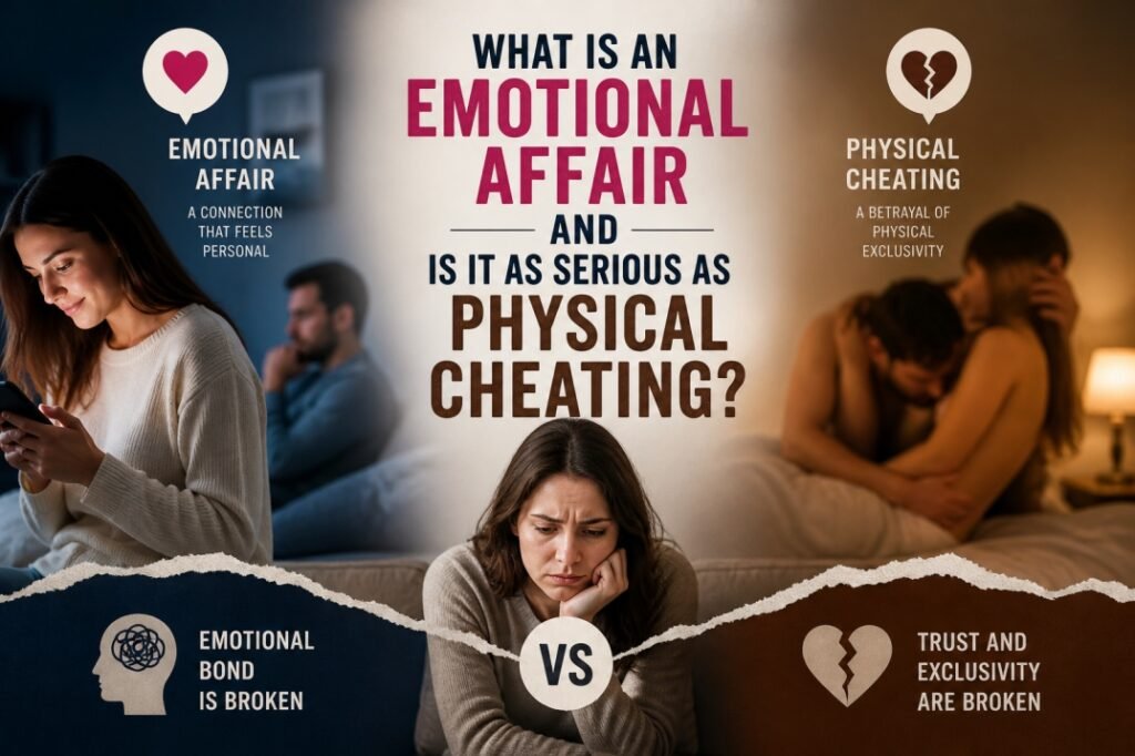 Emotional affair vs physical cheating illustration showing emotional connection through messaging and physical intimacy comparison