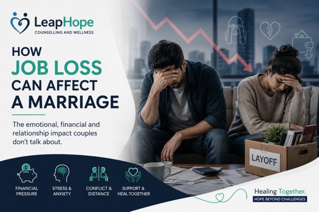 A married couple sitting on opposite ends of a couch looking away from each other, showing marital conflict and emotional withdrawal after an income shock.