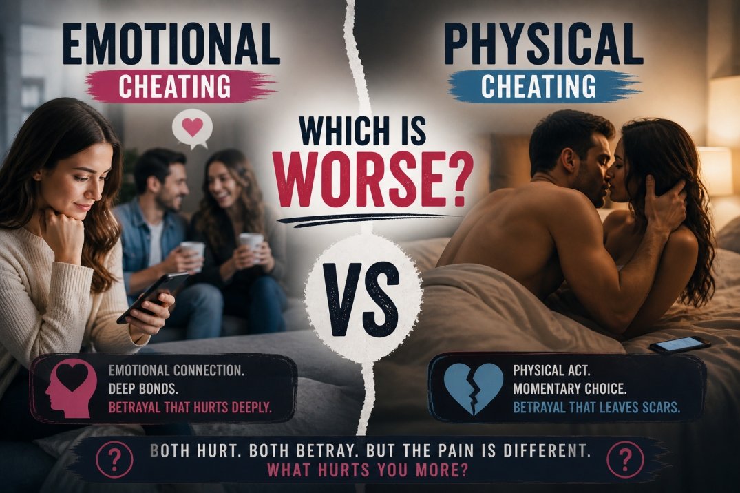 emotional vs physical cheating comparison image showing emotional connection and physical betrayal differences