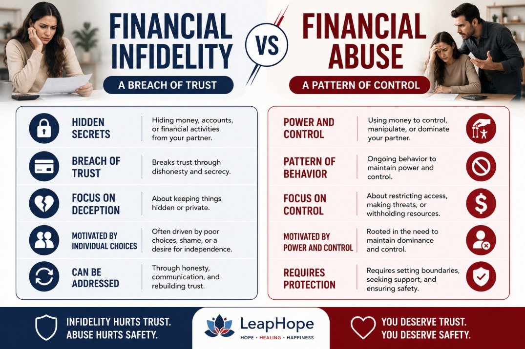 Modern comparison infographic showing the difference between financial infidelity and financial abuse in marriage, including hidden finances, broken trust, controlling behavior, and restricted access to money.