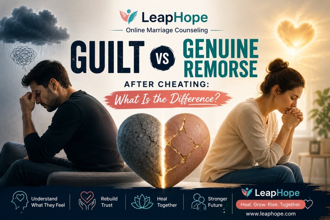 Man and woman emotionally distressed with broken heart graphic showing guilt vs genuine remorse after cheating and LeapHope counseling branding