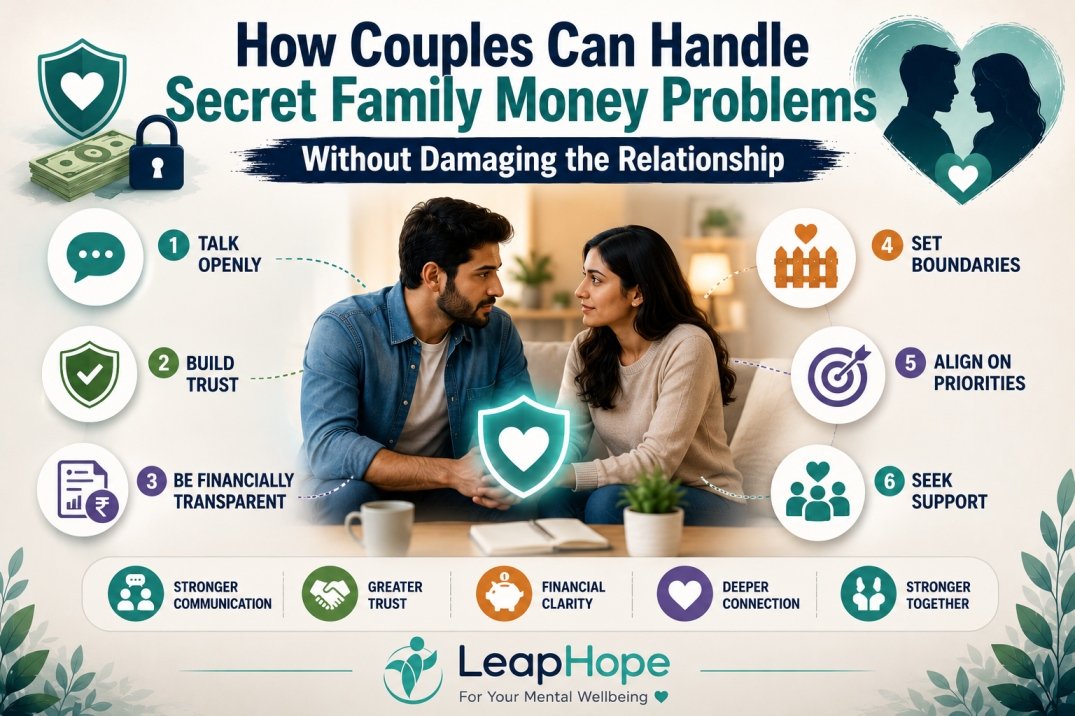 Couple calmly discussing secret family money issues and rebuilding trust in their relationship
