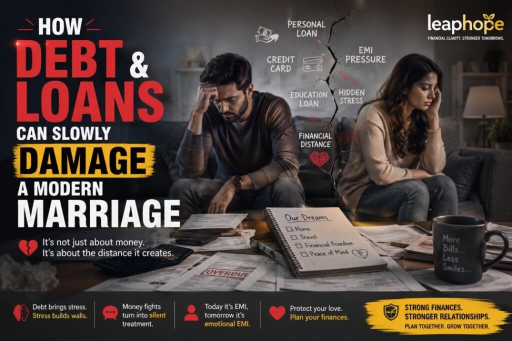 How Debt and Loans Can Slowly Damage a Modern Marriage 2 Couple stressed about debt loans credit cards and EMIs affecting their modern marriage and emotional connection