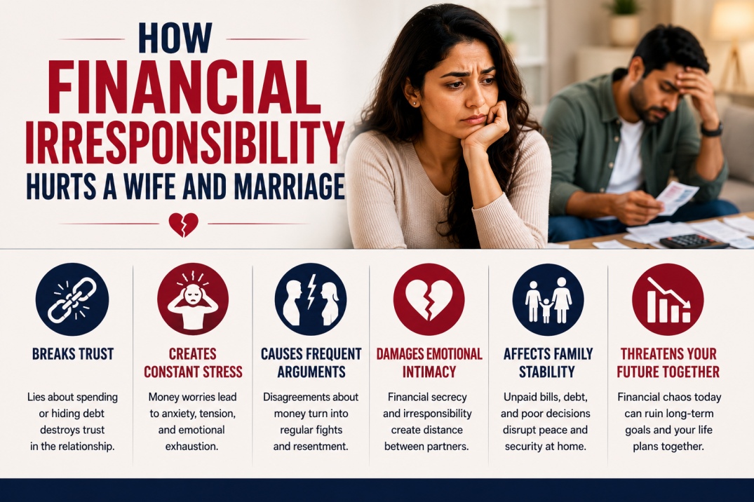 Illustration showing the emotional impact of financial irresponsibility in marriage, including stress, anxiety, loss of trust, emotional exhaustion, and relationship conflict between husband and wife.