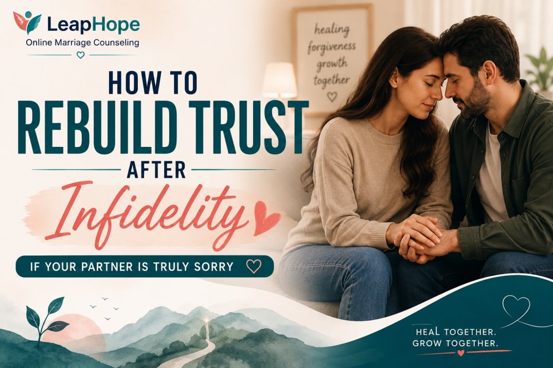 Couple emotionally reconnecting after cheating with text about rebuilding trust after infidelity and LeapHope marriage counseling branding