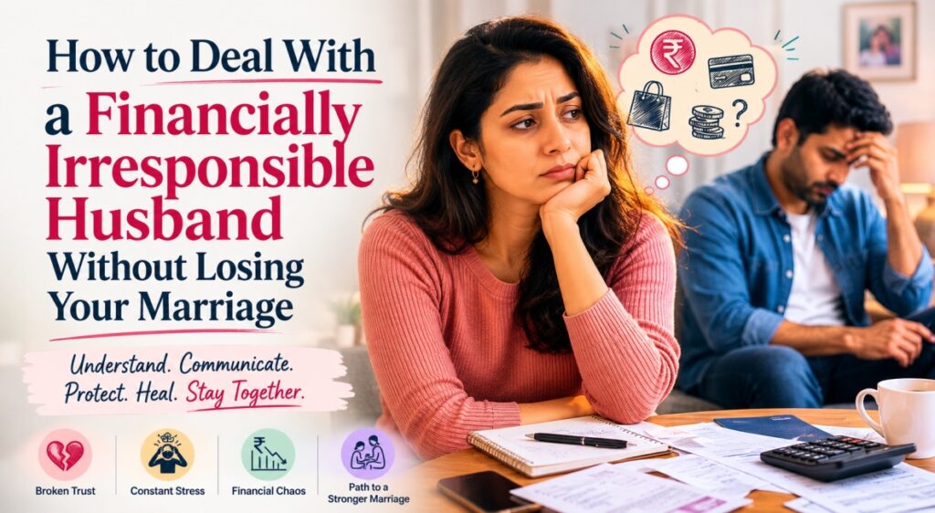 Worried wife sitting with household bills while discussing money problems with her financially irresponsible husband, representing financial stress, trust issues, and marriage challenges.