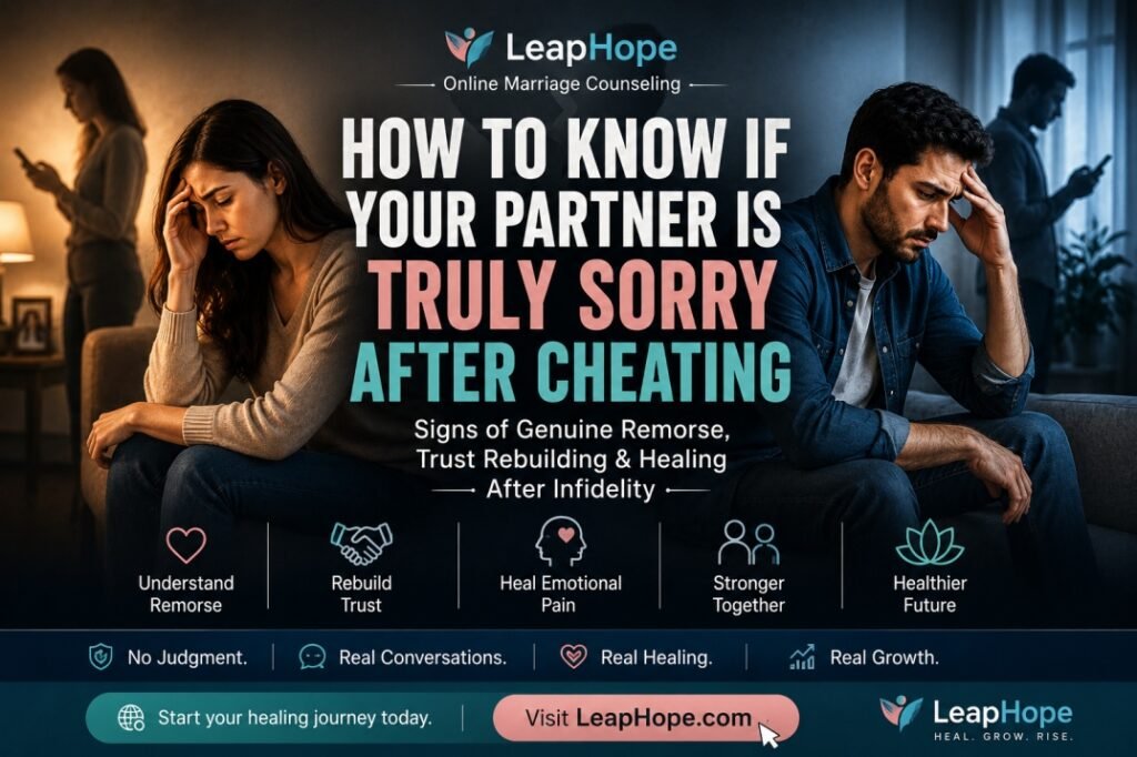 Man and woman sitting emotionally distant after infidelity with text about signs your partner is truly sorry after cheating and LeapHope marriage counseling branding