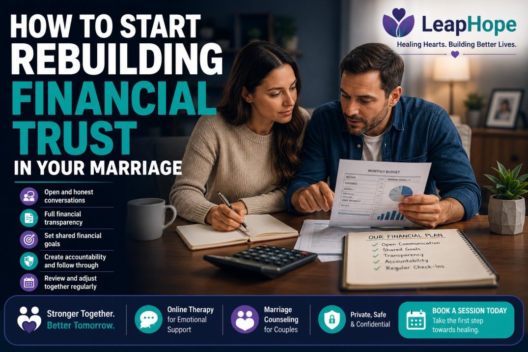 Couple rebuilding financial trust together after hidden debt and marriage money problems