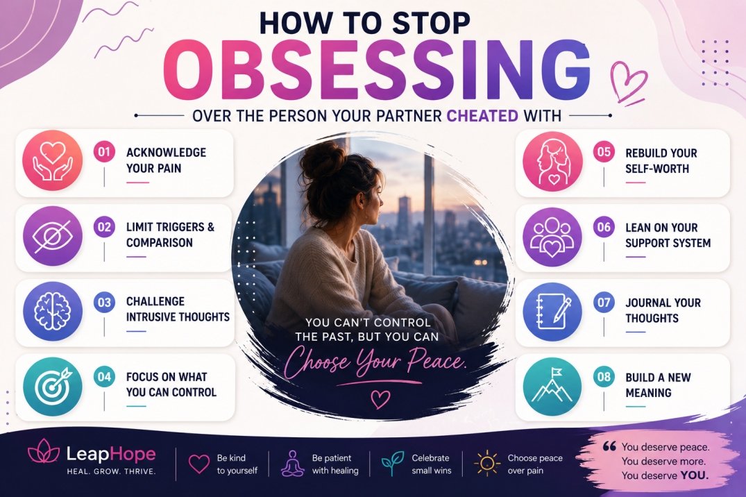 infographic showing healthy ways to stop obsessing over the affair partner after cheating, including limiting comparison, rebuilding self-worth, and healing from betrayal trauma.