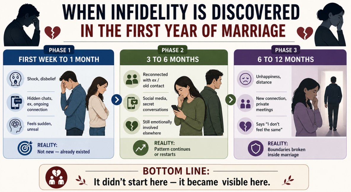 Infographic showing three phases of cheating in early marriage: first month, 3 to 6 months, and 6 to 12 months with behaviour patterns