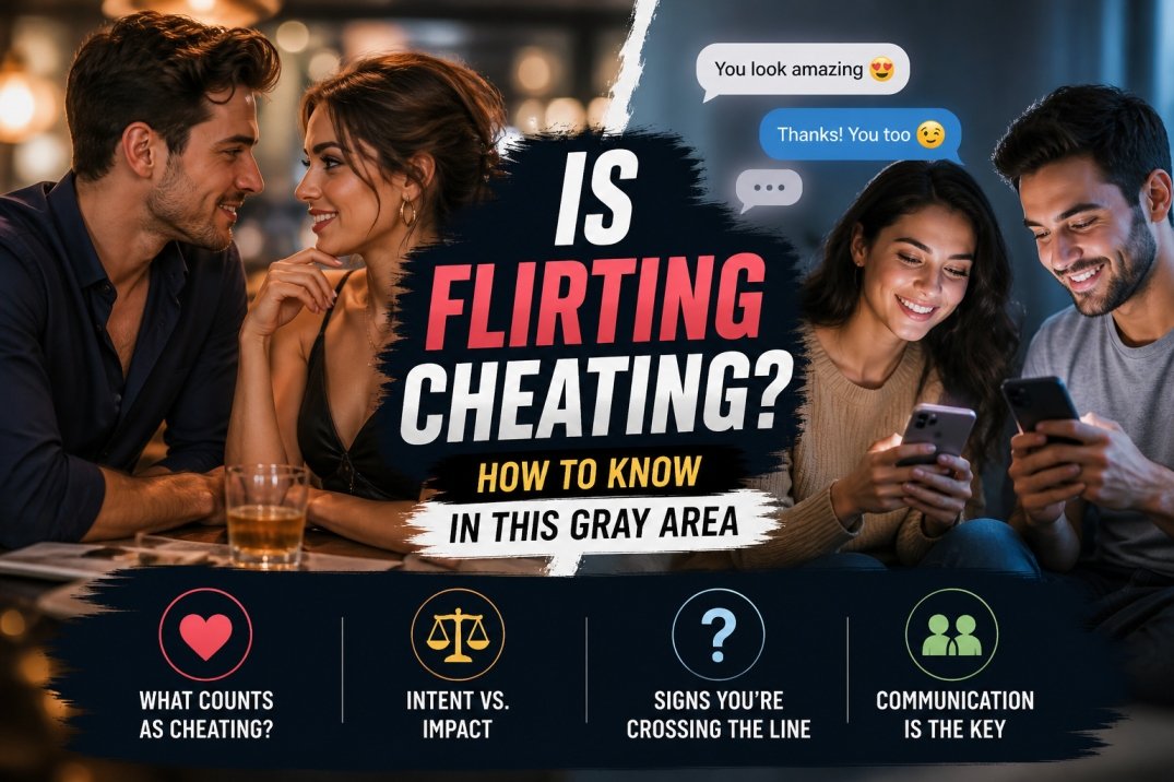 Is flirting cheating in a relationship, man and woman flirting online and in person showing grey area
