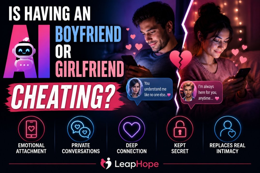 Man and woman emotionally connected to AI boyfriend and girlfriend apps on their phones, representing AI cheating, digital intimacy, and virtual relationships.