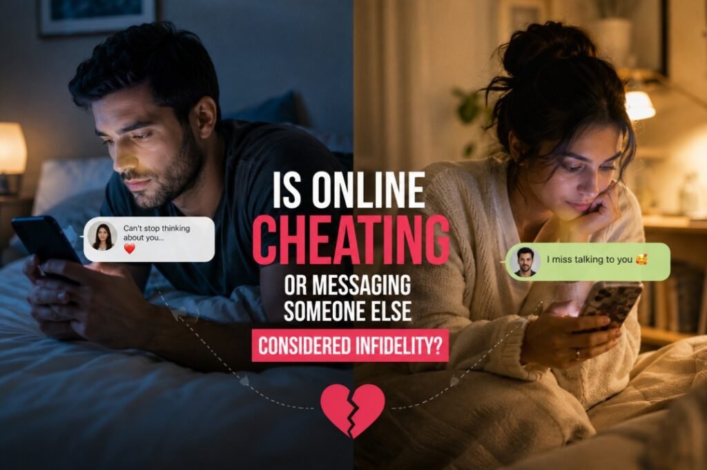 Man and woman secretly messaging other people online at night, showing emotional distance, online cheating, and digital infidelity in a relationship.