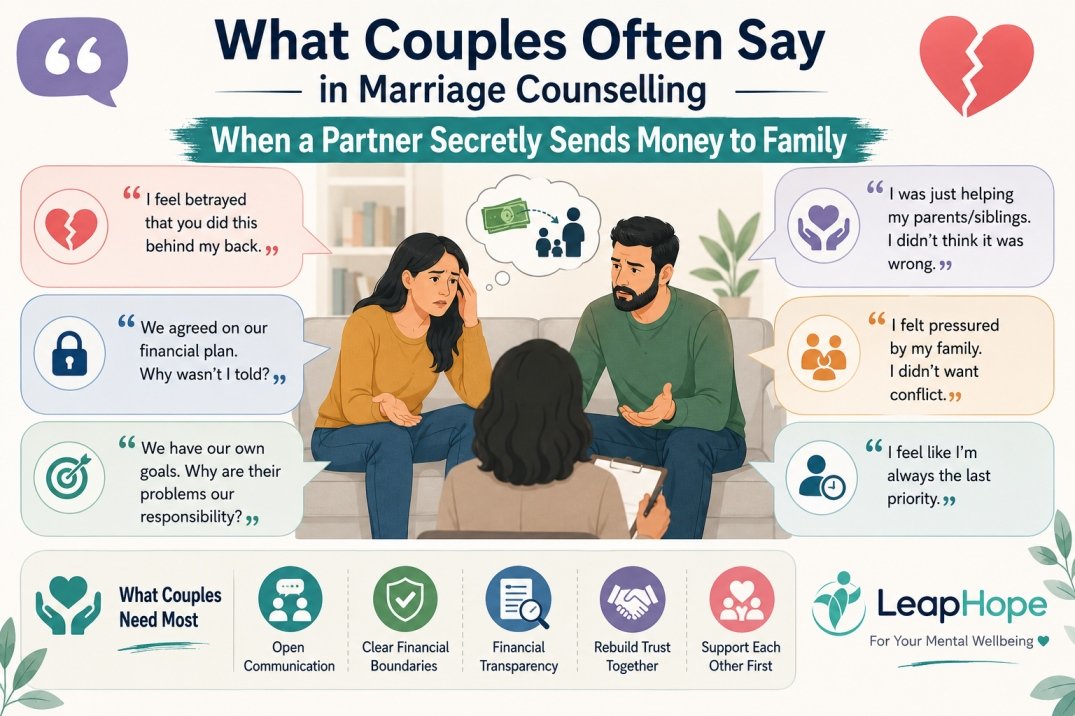 Couple arguing in marriage counselling over secretly sending money to family members
