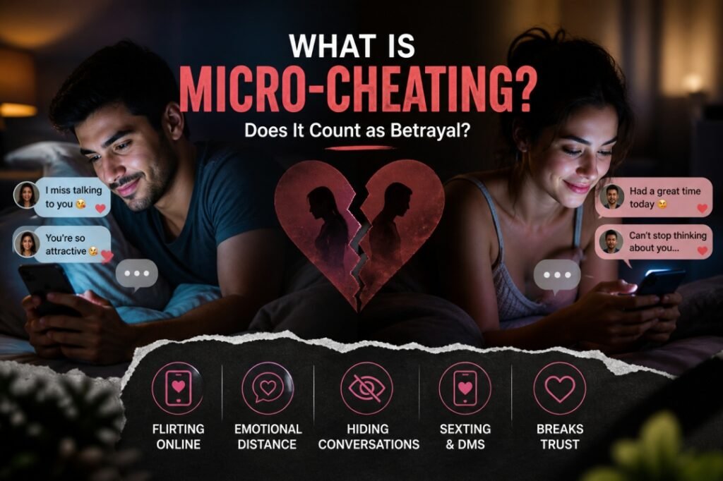 Couple using phones separately, showing texting, flirting, and emotional disconnection linked to micro-cheating in relationships