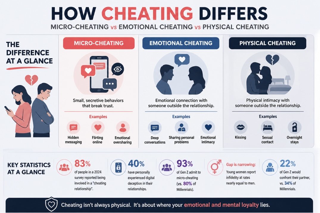  Comparison infographic of micro-cheating vs emotional and physical cheating with real examples and percentages