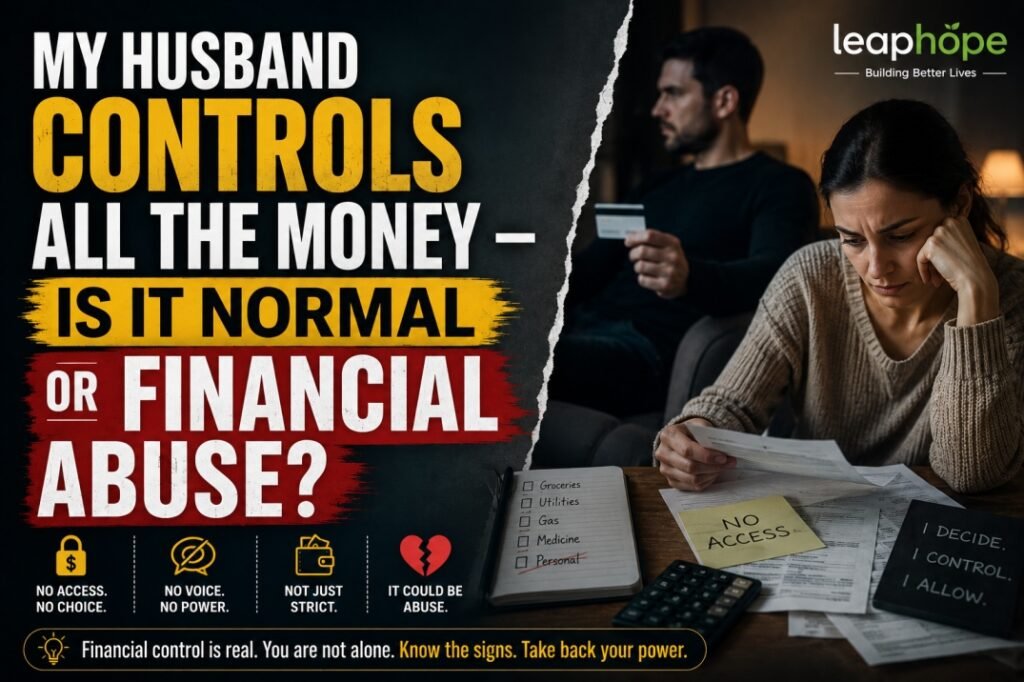 Wife feeling emotionally stressed while husband controls all the money and finances in marriage