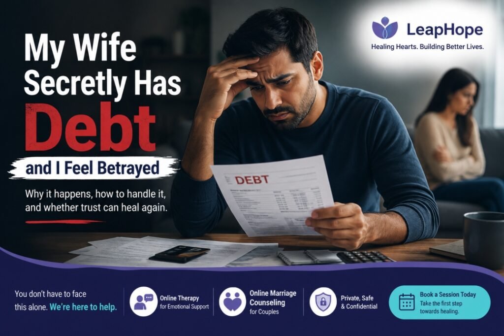 Worried husband discovering his wife secretly has debt and hidden credit card bills during marriage