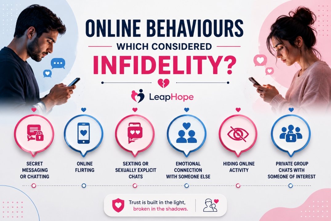 Infographic showing a man and woman secretly using phones with online behaviours linked to infidelity like secret messaging, online flirting, sexting, emotional connections, and hidden chats.