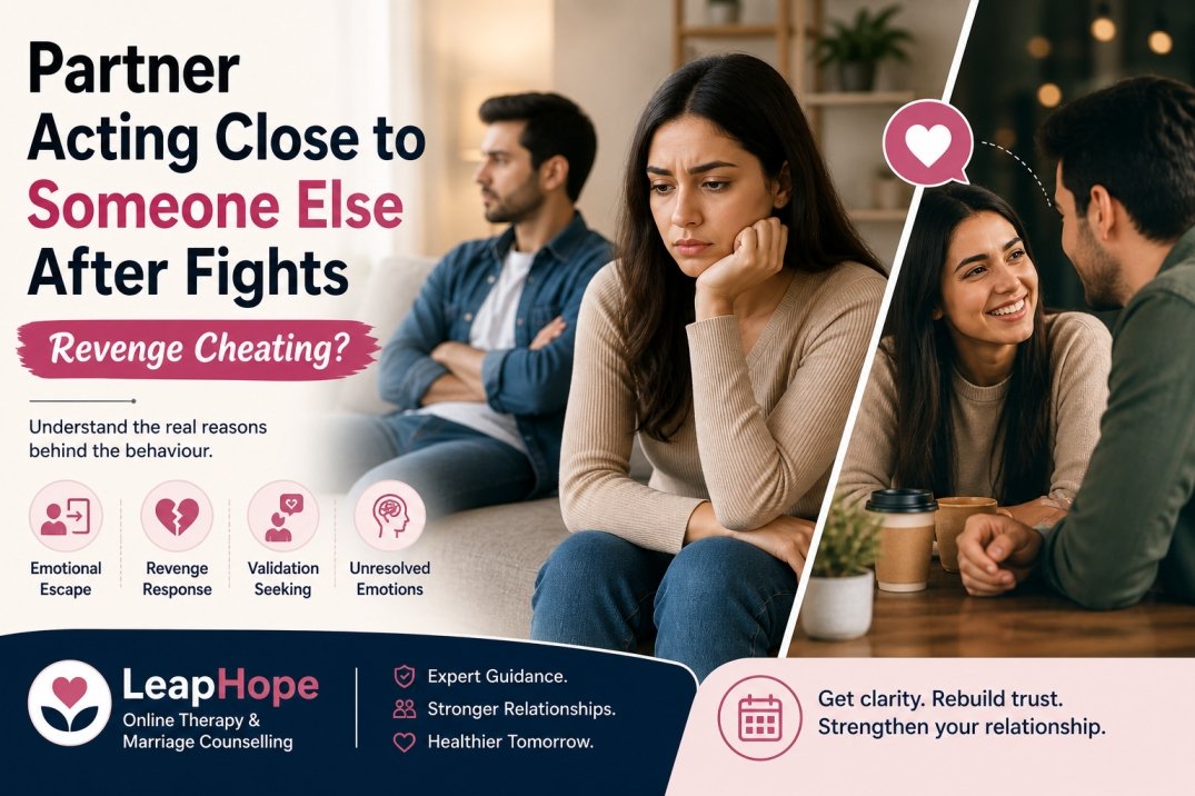 Partner acting close to someone else after fights, showing emotional distance and possible revenge cheating behaviour