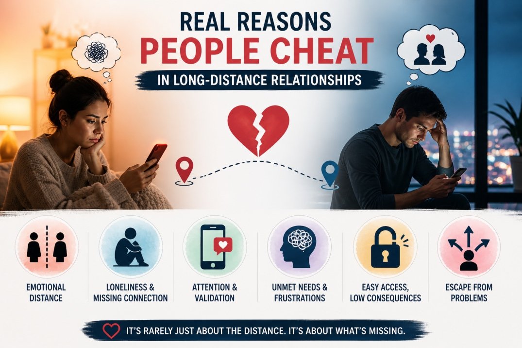 Infographic showing real reasons people cheat in long-distance relationships including loneliness, unmet needs, and opportunity