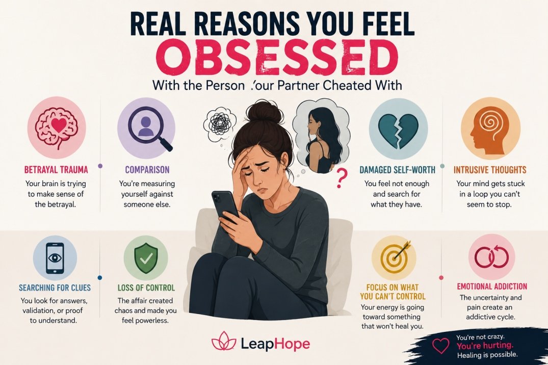 Infographic showing psychological reasons people become obsessed with the affair partner after infidelity, including betrayal trauma, comparison, intrusive thoughts, and damaged self-worth.