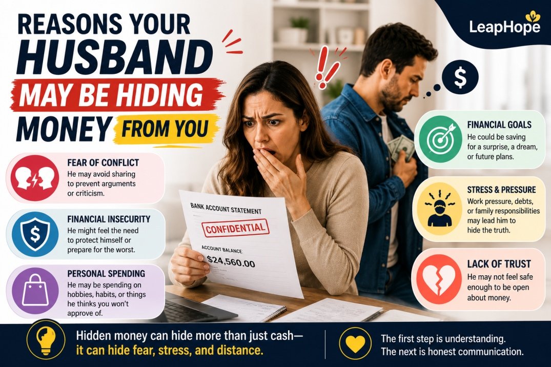 Infographic showing common reasons a husband may hide money from his wife, including financial stress, secret spending, and avoiding money arguments