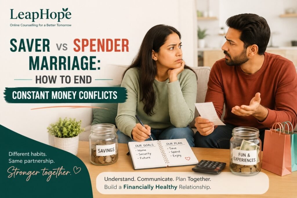 Saver vs Spender Marriage - How to Handle Constant Money Conflicts 2 Couple discussing finances and money disagreements in a saver vs spender marriage while planning shared financial goals together.