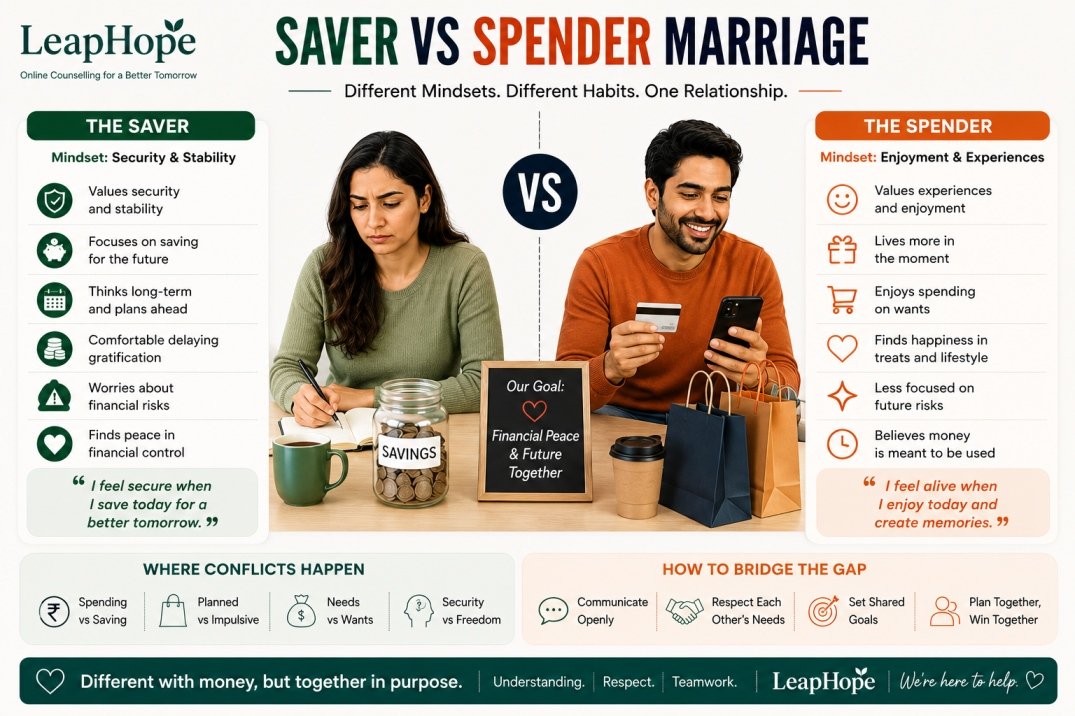 Saver vs Spender Marriage - How to Handle Constant Money Conflicts 4 Woman saver and man spender comparing financial habits and money mindset differences in marriage and relationships.