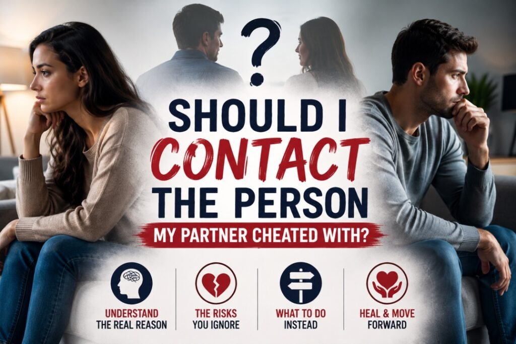 Man and woman emotionally distressed after infidelity with text asking whether they should contact the affair partner after cheating.