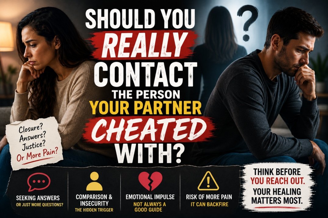 Man and woman emotionally distressed after infidelity questioning whether contacting the affair partner will bring closure or more pain.