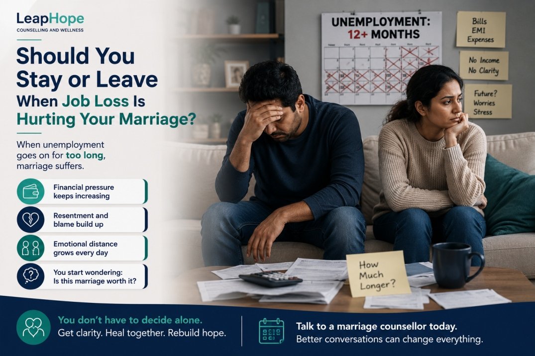 Concerned husband and wife discussing their future after one partner loses a job and financial stress affects the marriage