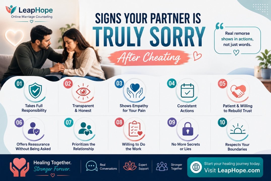 infographic showing signs your partner is truly sorry after cheating with emotional couple and trust rebuilding icons