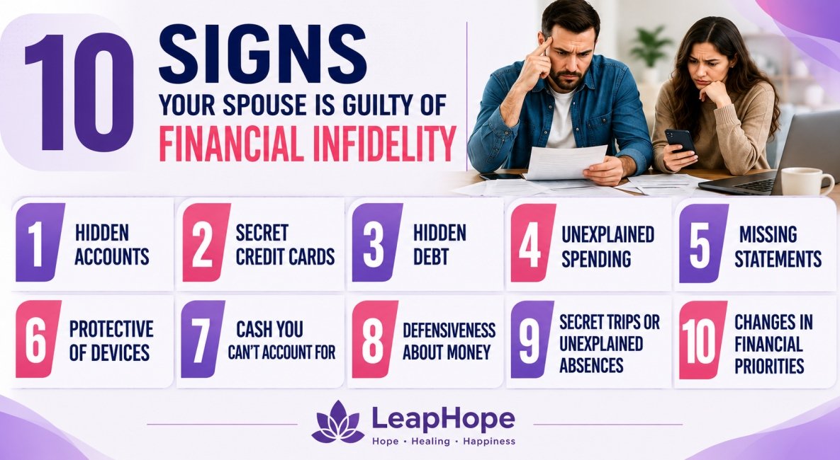 Modern infographic showing 10 signs of financial infidelity in marriage, including hidden accounts, secret debt, unexplained spending, and financial secrecy between spouses.