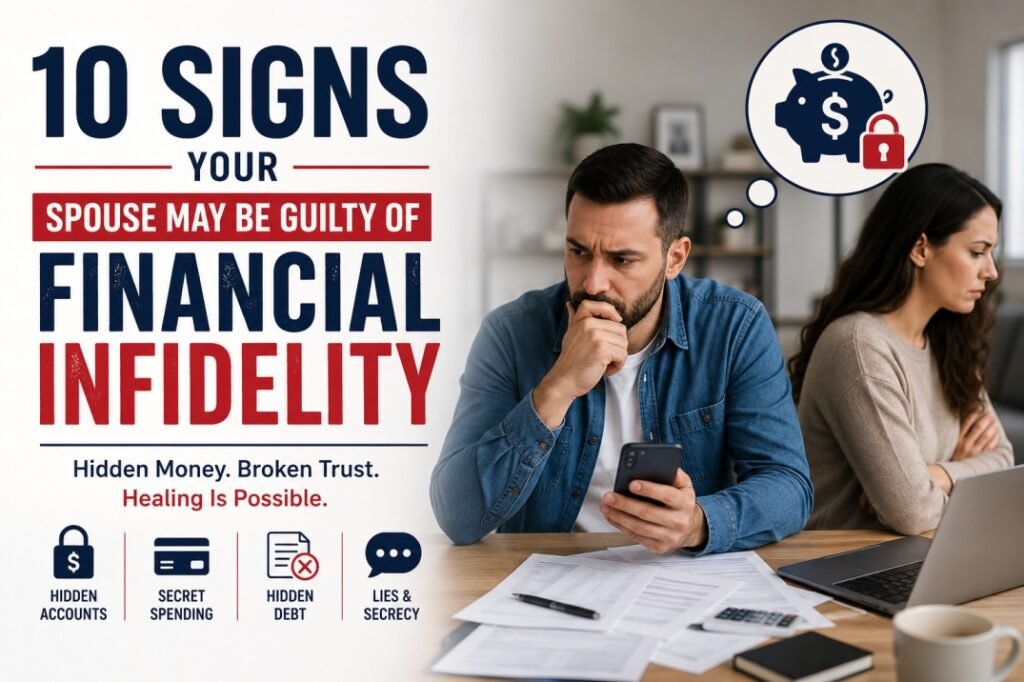 Worried married couple sitting with bills and phone showing signs of financial infidelity, hidden debt, secret spending, and financial secrecy in marriage.