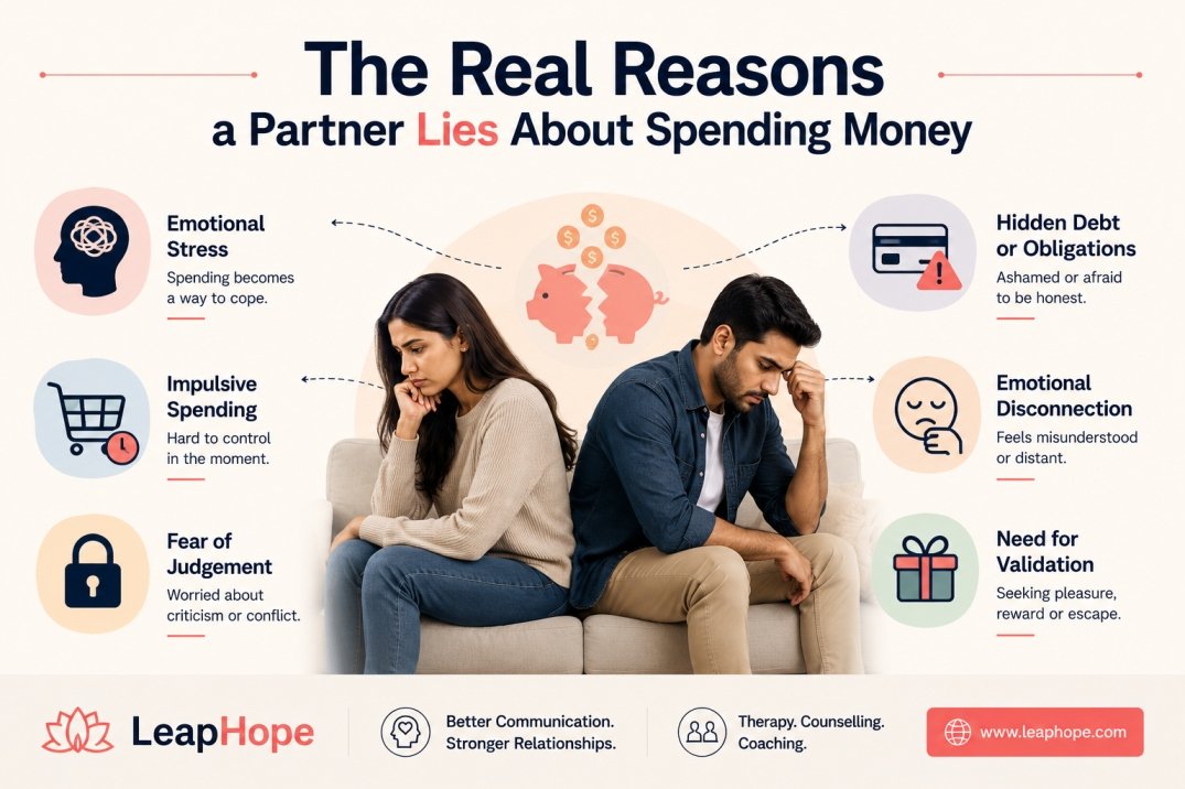 What To Do When Your Partner Lies About Spending Money 3 a couple emotionally distant while hiding financial secrets, showing stress, guilt, and trust issues caused by lying about spending money, with LeapHope branding.