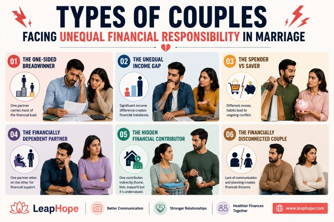 How to Handle Unequal Financial Responsibility in Marriage 3 Infographic showing different types of couples facing unequal financial responsibility in marriage, including one-sided breadwinner, spender vs saver, financially dependent partner, and emotionally disconnected couples.