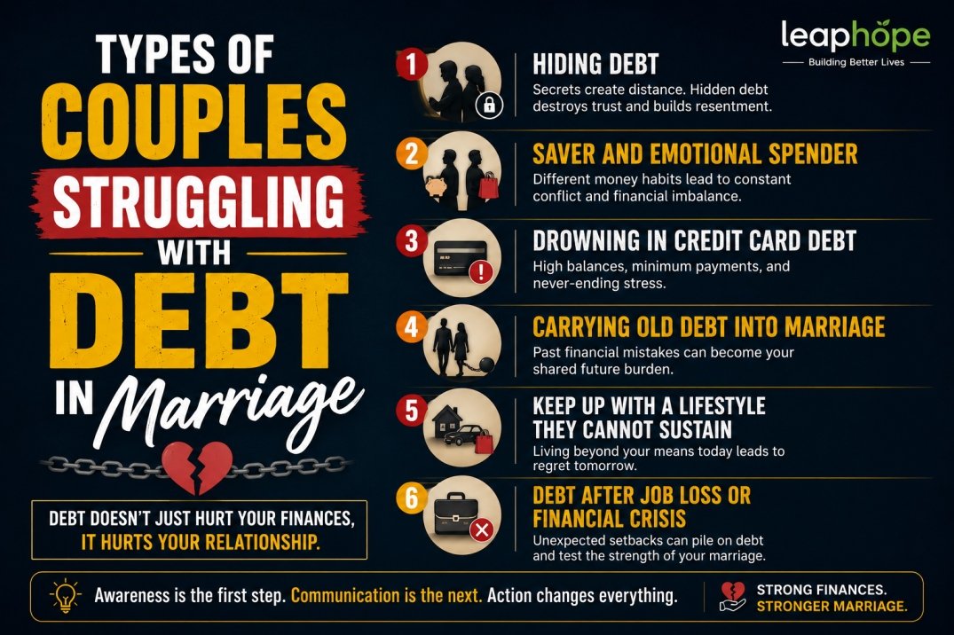 How Debt and Loans Can Slowly Damage a Modern Marriage 3 Different types of married couples struggling with debt financial stress loans EMIs and money problems in marriage