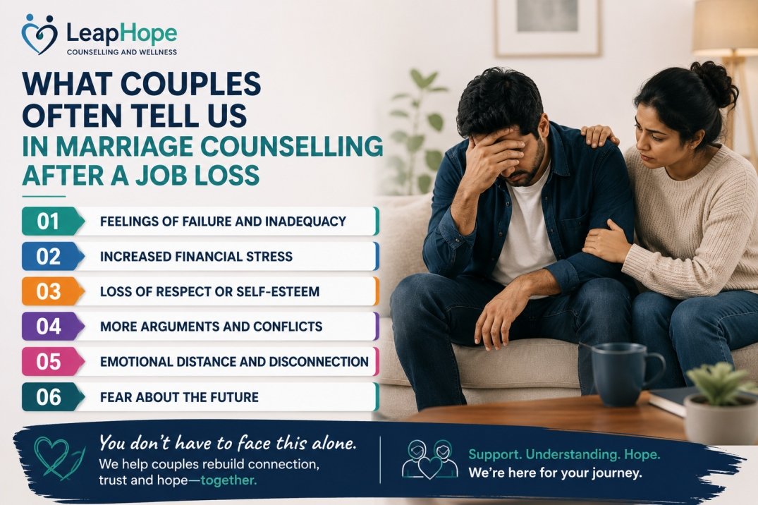 Couple discussing financial and relationship challenges with a marriage counsellor after job loss